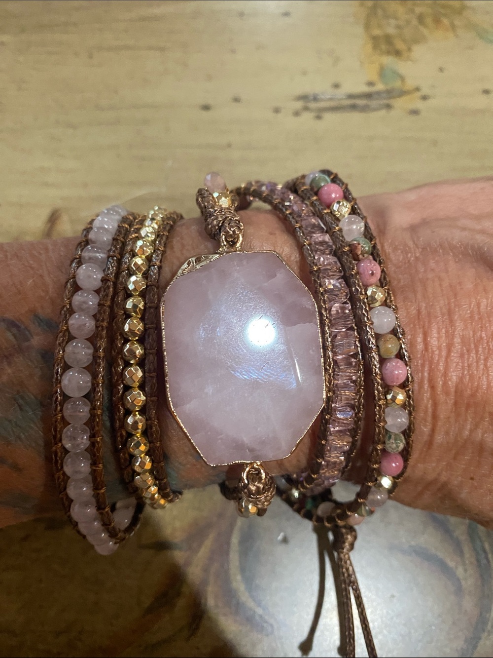 Source Unknown Pink Rose Quartz Multi-Strand Wrap Bracelet with Gold Accents